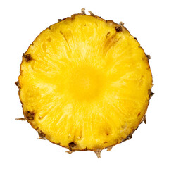 A piece of ripe juicy pineapple in a section on a white isolated background