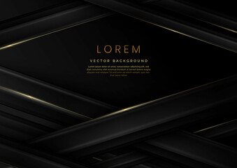 Abstract 3D grey and black luxury geometric diagonal overlapping shiny black background with lines golden glowing with copy space for text.
