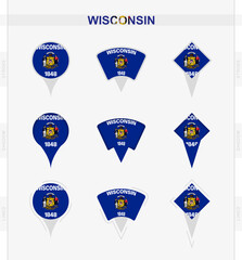 Wisconsin flag, set of location pin icons of Wisconsin flag.