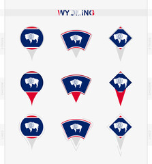 Wyoming flag, set of location pin icons of Wyoming flag.