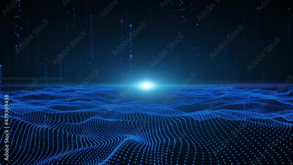 Poster particle field with animation of waves, bright light
