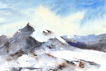 snow covered mountains. Watercolour artwork
