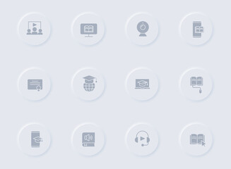 e learning gray vector icons on round rubber buttons. e learning icon set for web, mobile apps, ui design and promo business polygraphy