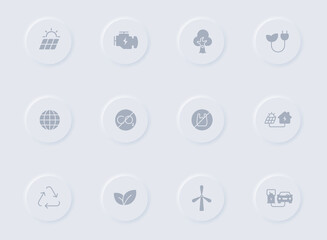 eco gray vector icons on round rubber buttons. ecology icon set for web, mobile apps, ui design and promo business polygraphy
