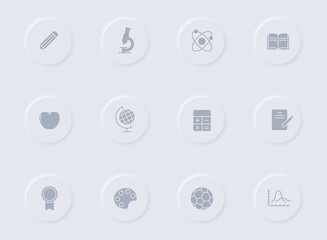 education gray vector icons on round rubber buttons. education icon set for web, mobile apps, ui design and promo business polygraphy