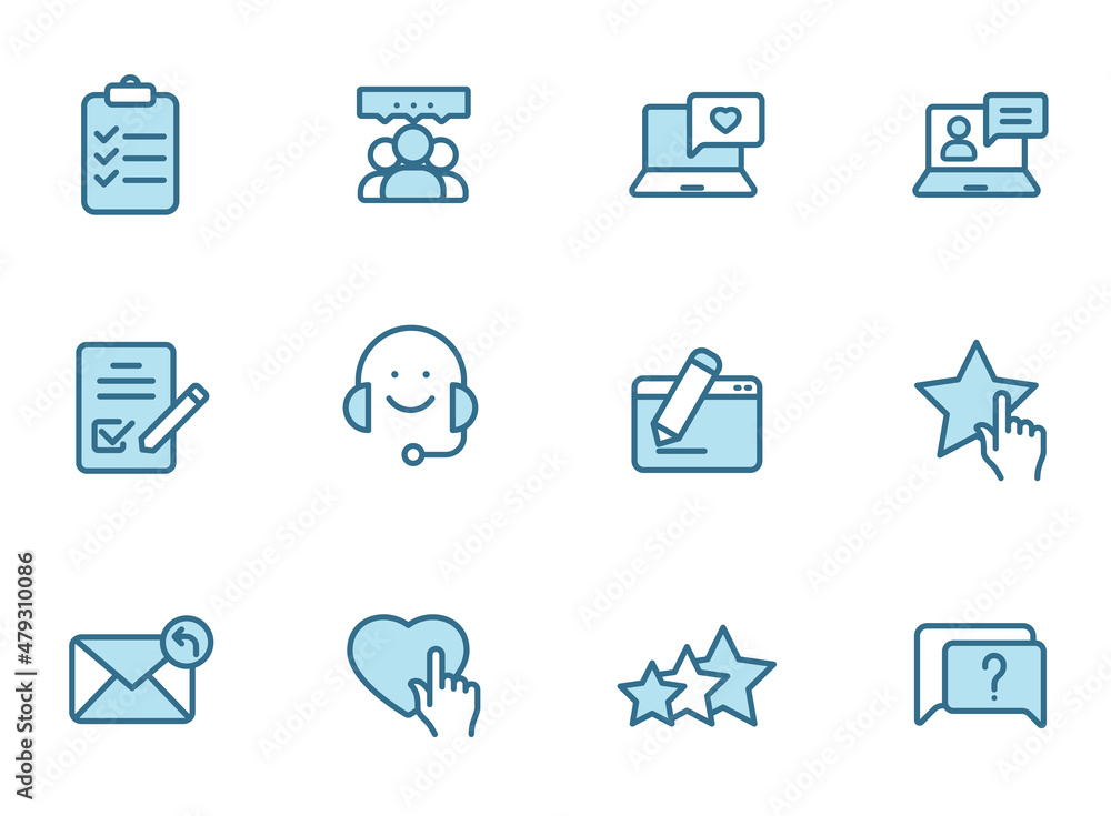 Poster feedback outline vector icons in two colors isolated on white background. feedback blue icon set for