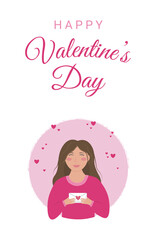 Valentine's day greeting card. A young woman is carrying a love letter. Concept illustration in flat style.