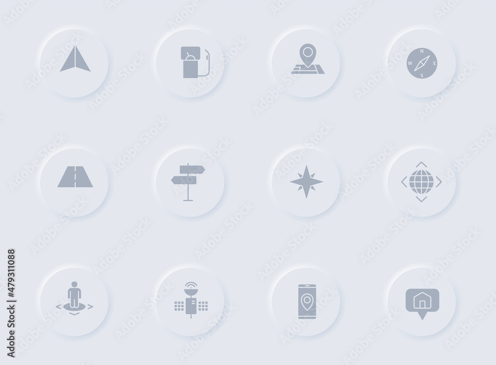 Aufkleber navigation gray vector icons on round rubber buttons. navigation icon set for web, mobile apps, ui d
