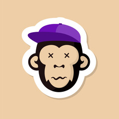 dead monkey color vector sticker. dead monkey in purple cap and yellow t shirt cartoon sticker with white stroke isolated on beige background. dead monkey cartoon sticker for your business