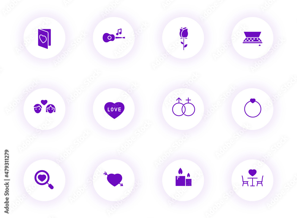 Poster valentine day purple color vector icons on light round buttons with purple shadow. valentine day ico