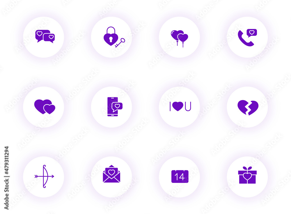 Poster valentine day purple color vector icons on light round buttons with purple shadow. valentine day ico