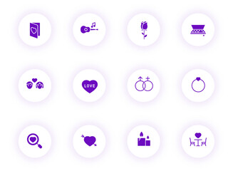 valentine day purple color vector icons on light round buttons with purple shadow. valentine day icon set for web, mobile apps, ui design and print