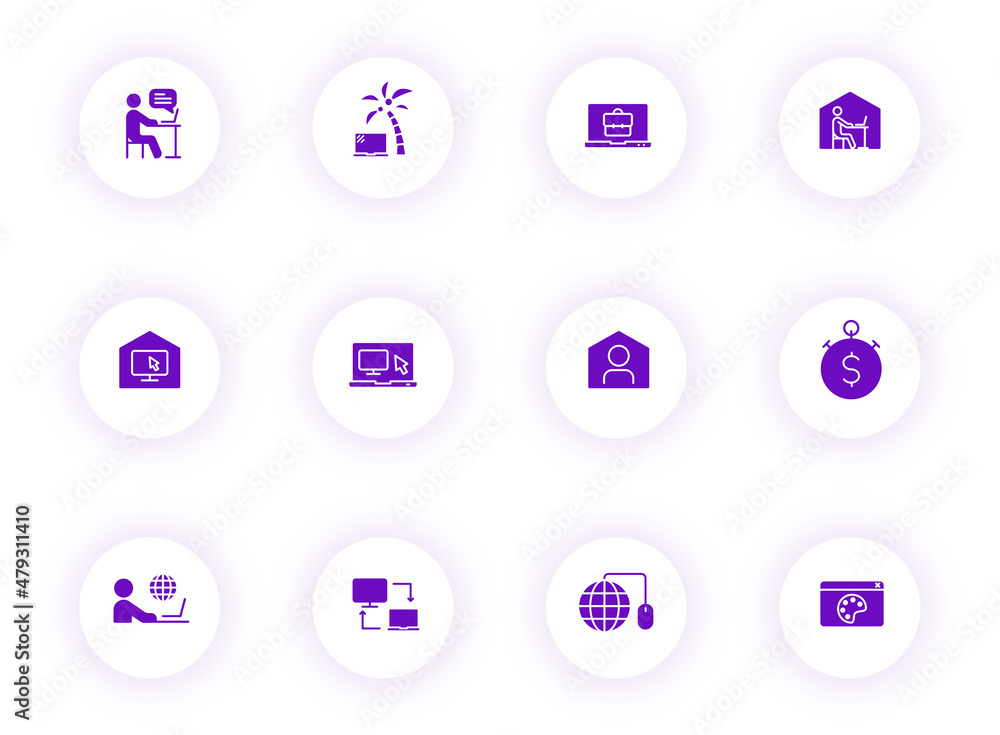 Poster work at home purple color vector icons on light round buttons with purple shadow. work at home icon 