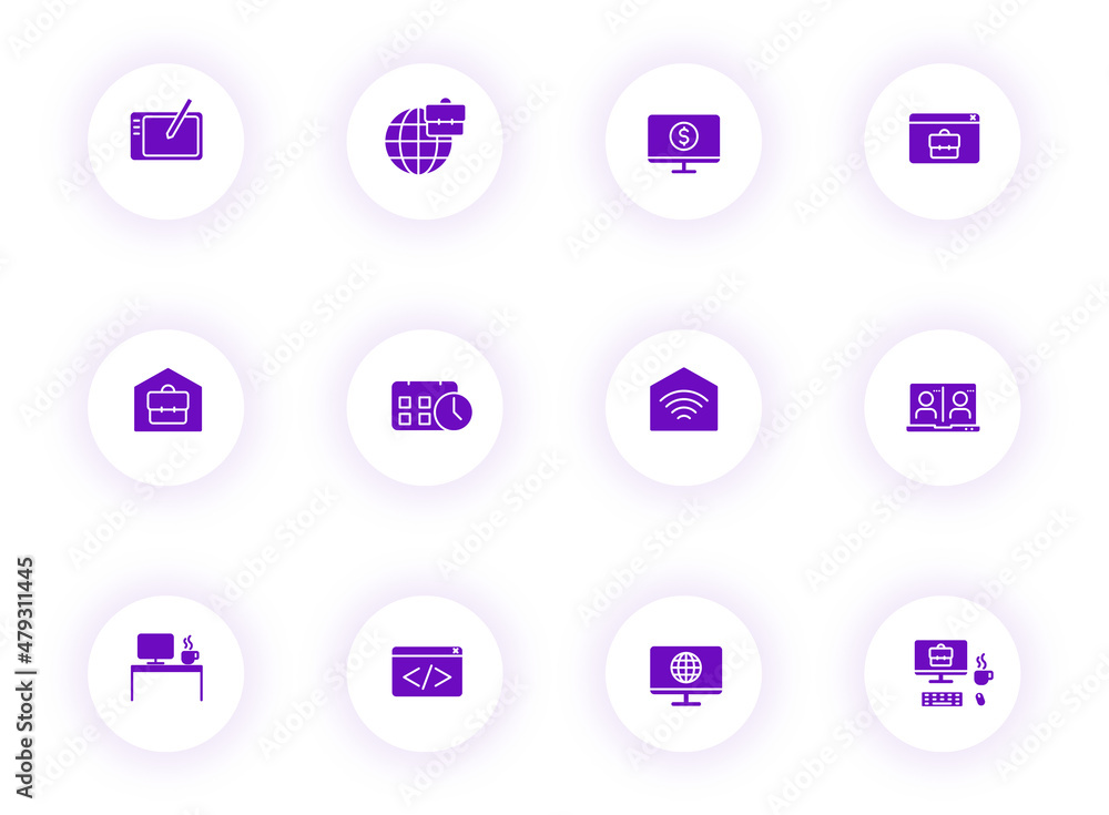 Poster work at home purple color vector icons on light round buttons with purple shadow. work at home icon 