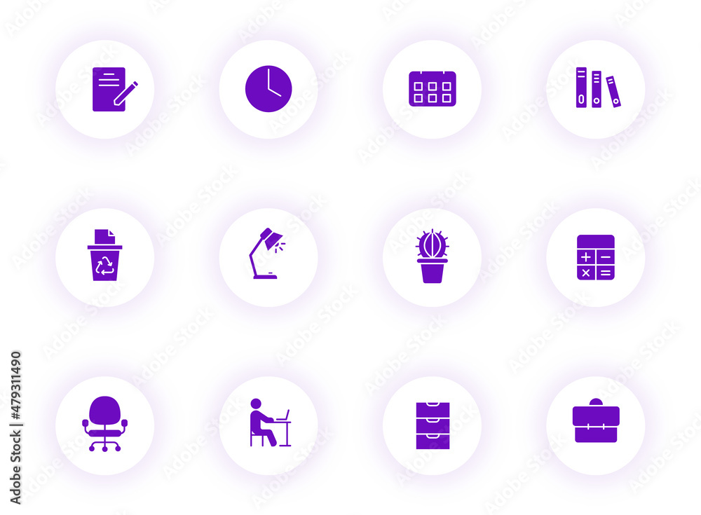 Poster workspace purple color vector icons on light round buttons with purple shadow. workspace icon set fo