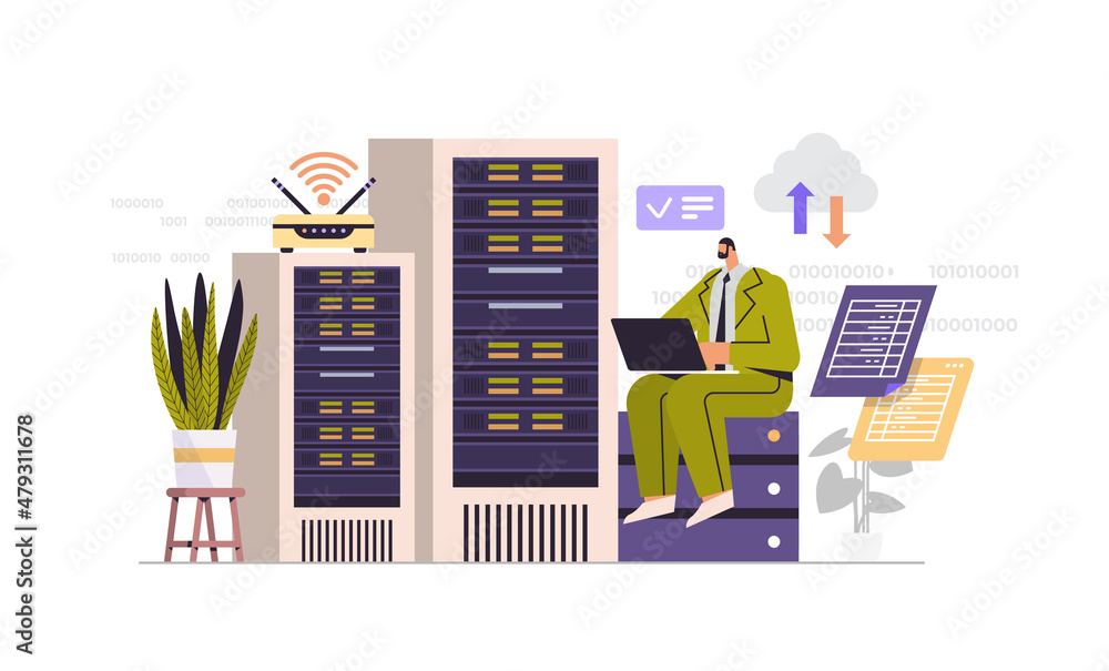 Poster businessman working in data center room hosting server computer monitoring information database concept