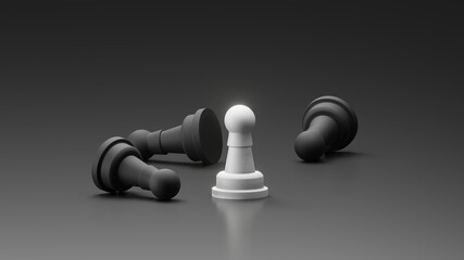 Single standing white Pawn and black fall in the floor with dark background. 3D illustration of chess