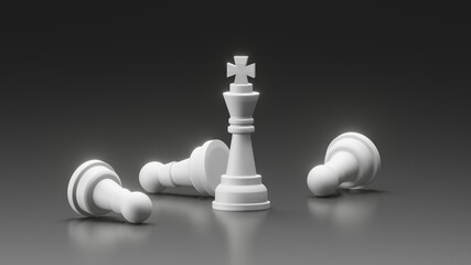 Standing White King and Pawn fall in the floor with dark background. 3D illustration of chess