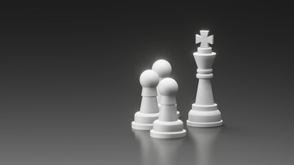 White king surrounded with 3 pawn in dark isolated background. 3D illustration of protection