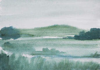 watercolor illustration of nature and landscape, watercolor trees, mountains and hills, beautiful watercolor for design