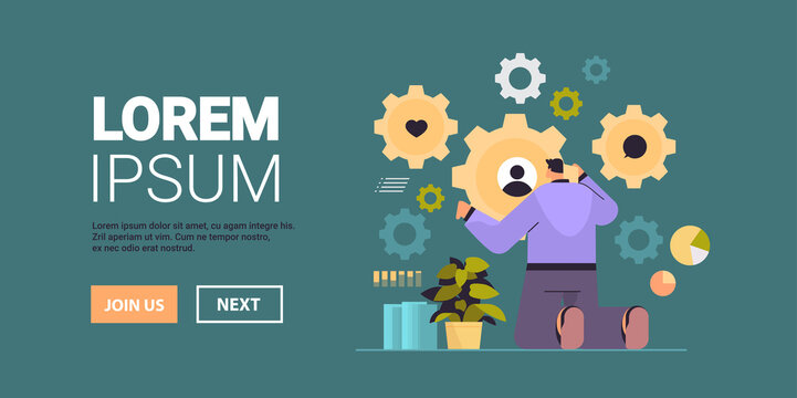 businessman rotating gear wheel technology and development working process mechanism concept