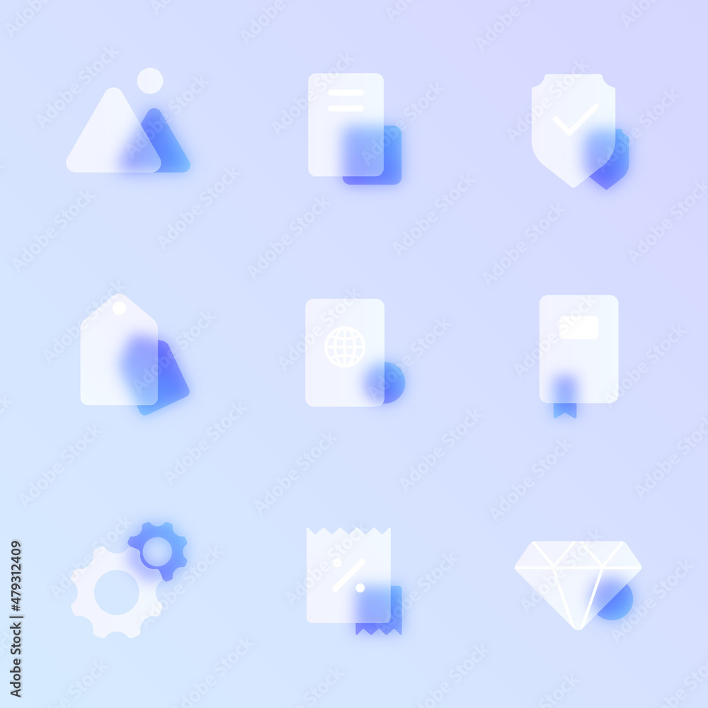 Poster glass morphism trendy style icon set. transparent glass color vector icons with blur and purple grad
