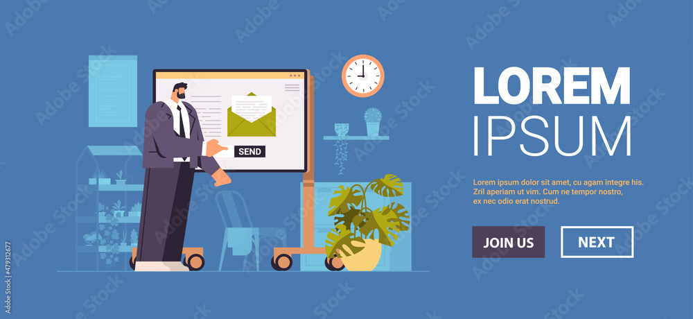 Poster businesswoman sending or receiving letters email inbox message notification new unread mail business