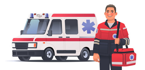 Paramedic man with a first aid bag on the background of an ambulance. Emergency medical service worker