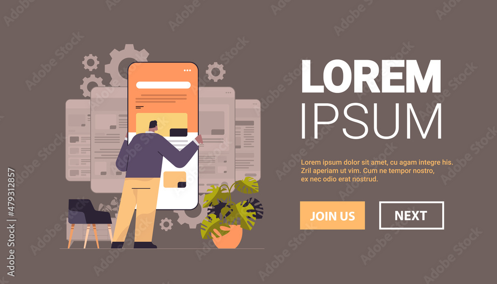 Poster man technician working on smartphone repairing mobile application setting option adjusting applicati