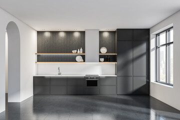 Dark kitchen set interior with shelves and appliances, tiled floor