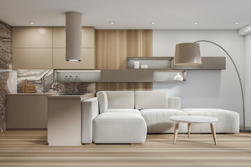 White and beige living room kitchen combo