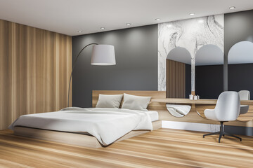 Corner view of grey and white bedroom