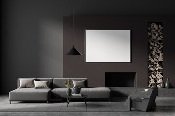 Dark living room interior with empty white poster, grey sofa