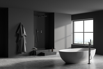 Fototapeta na wymiar Dark bathroom interior with shower, bathtub, window with countryside view