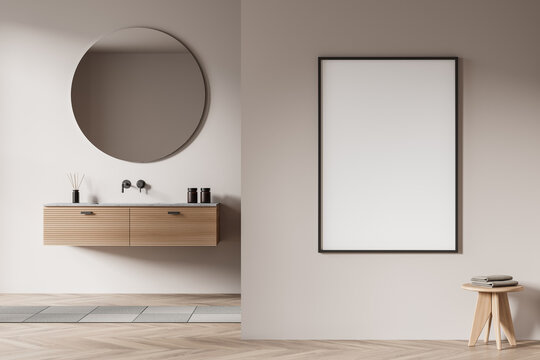Light bathroom interior with sink and mirror, table with towels. Mockup poster