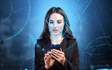 Office woman with smartphone, using facial scanner. Digital binary