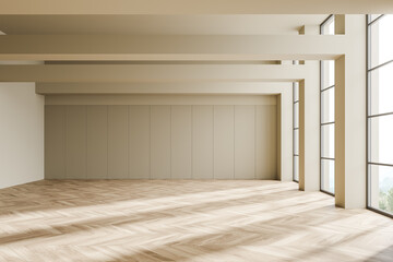 Beige empty living room and windows with countryside view, parquet floor