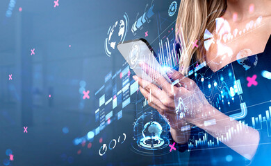Office woman with phone in hands, data storage, icons and earth sphere