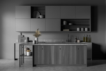 Dark kitchen set interior with shelves and sink with stove, kitchenware