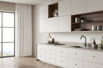 Light kitchen set interior with shelves and kitchenware, panoramic window