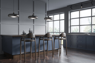 Blue and grey breakfast bar. Corner view.