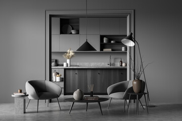 Dark kitchen set interior with two armchairs and appliances on background