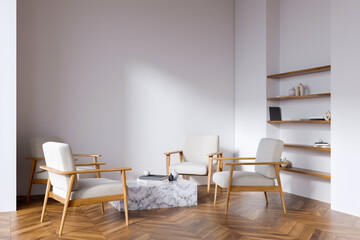Bright living room interior with four armchairs, coffee table, shelves