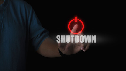 Human hand press shutdown button on virtual screen in the slide bar to unlocks. concept of system...