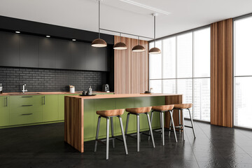 Industrial black and green kitchen. Corner view.