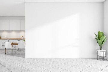 Bright kitchen room interior with empty white wall, dining table