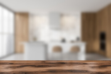 Blurred kitchen room interior with good display for advertisement