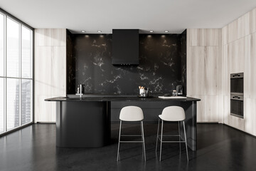 Dark kitchen room interior with bar counter, barstool, double oven