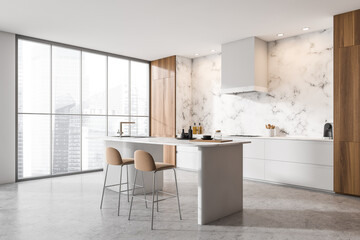 Bright kitchen room interior with bar counter, barstool, coffee machine
