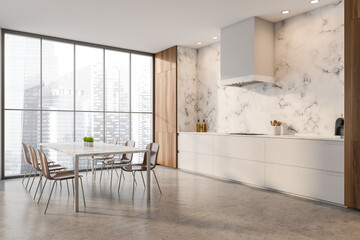 Bright kitchen room interior with panoramic window, electric cooker